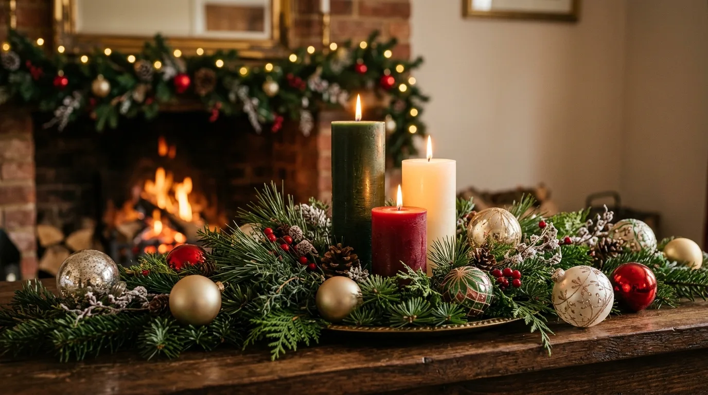 Use rustic textures to warm the fireplace wall inspiration for a Christmas mantel.